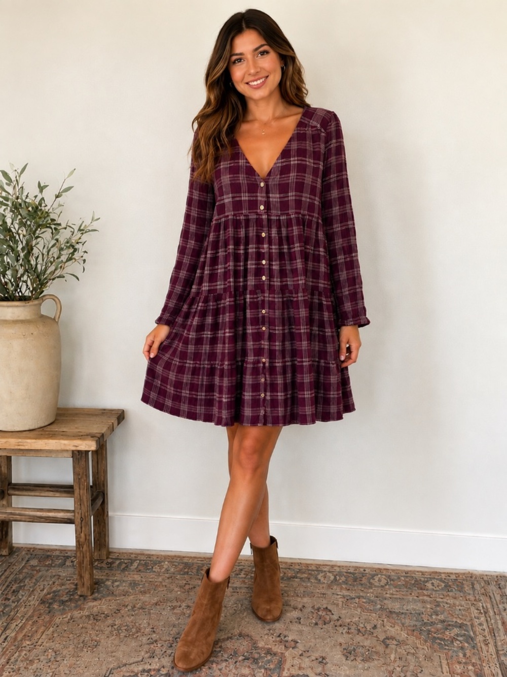 Revolve x Harlow burgundy plaid mini dress M crinkle relaxed tiered oversized